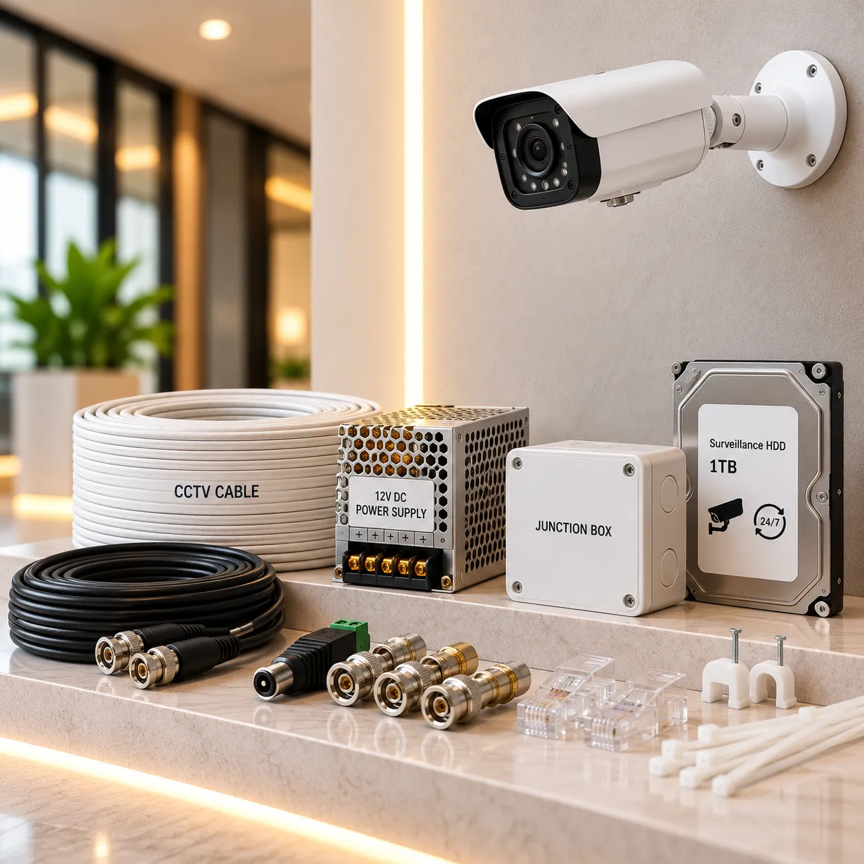 CCTV Camera Accessories Including Cables Connectors and Power Supplies